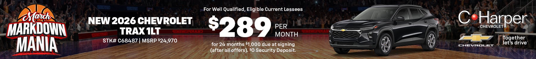 Lease a new 2026 Chevy Trax 1LT for $289/mo